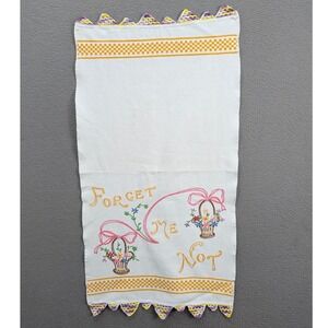 Vintage Embroidered Hand Towel Forget Me Not Floral Basket Yellow Trim 28"x16"